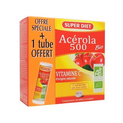 SUPER DIET Acérola Bio 500 Tubes 24 comprimés + 1 offert